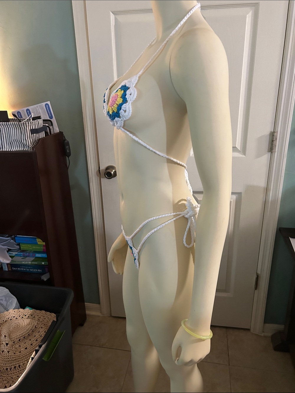 SHEIN White Crochet Floral Thong Bikini with Blue and Yellow Accents - Picture 3 of 10